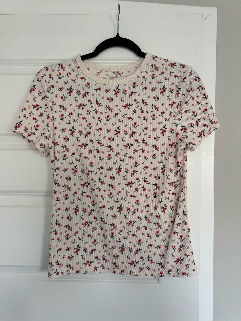 No Boundaries Cream Short Sleeve Tee with Red Floral Print